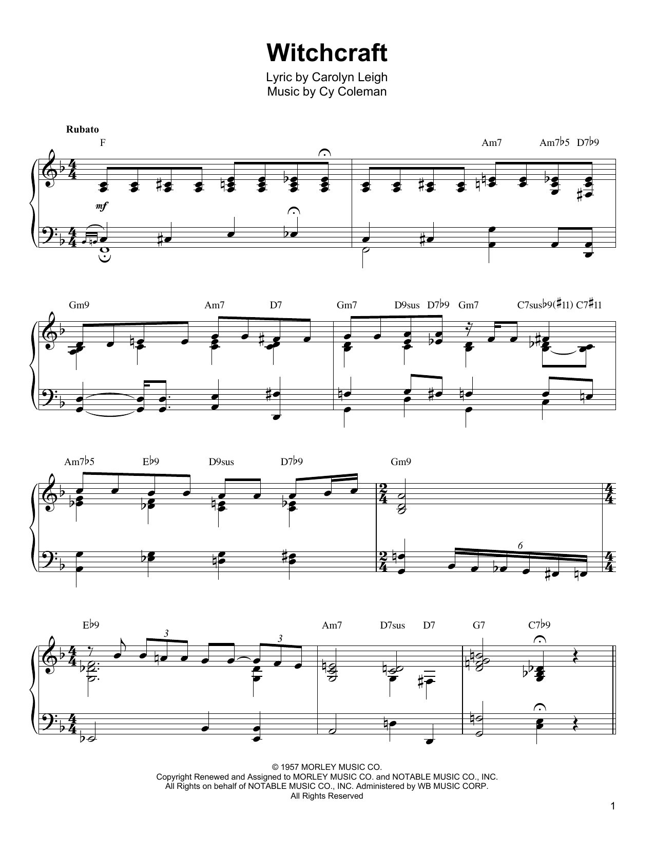 Oscar Peterson Witchcraft sheet music notes and chords. Download Printable PDF.