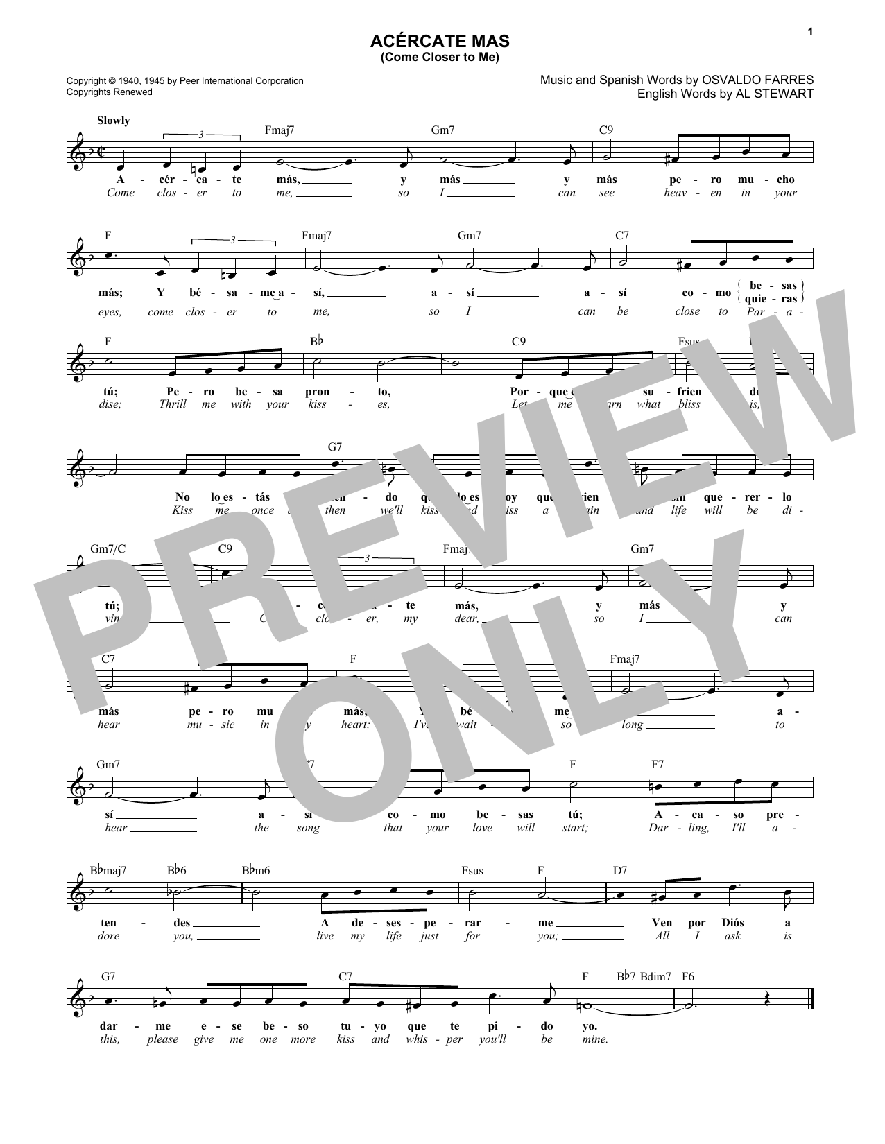 Learn to play Osvaldo Farrés Acercate Más (Come Closer To Me) sheet music for Lead Sheet / Fake Book in minutes. Price: 5.9900$ Osvaldo Farrés Acercate Más (Come Closer To Me) sheet music notes and chords arranged for Lead Sheet / Fake Book