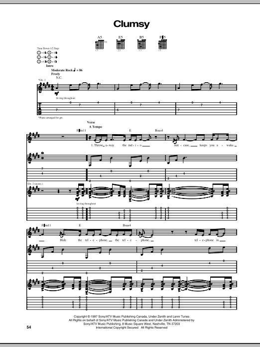 Our Lady Peace Clumsy sheet music notes and chords. Download Printable PDF.