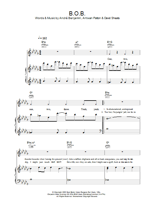 Learn to play OutKast B.O.B. sheet music for Piano, Vocal & Guitar in minutes. OutKast B.O.B. sheet music notes and chords. Download Printable PDF.