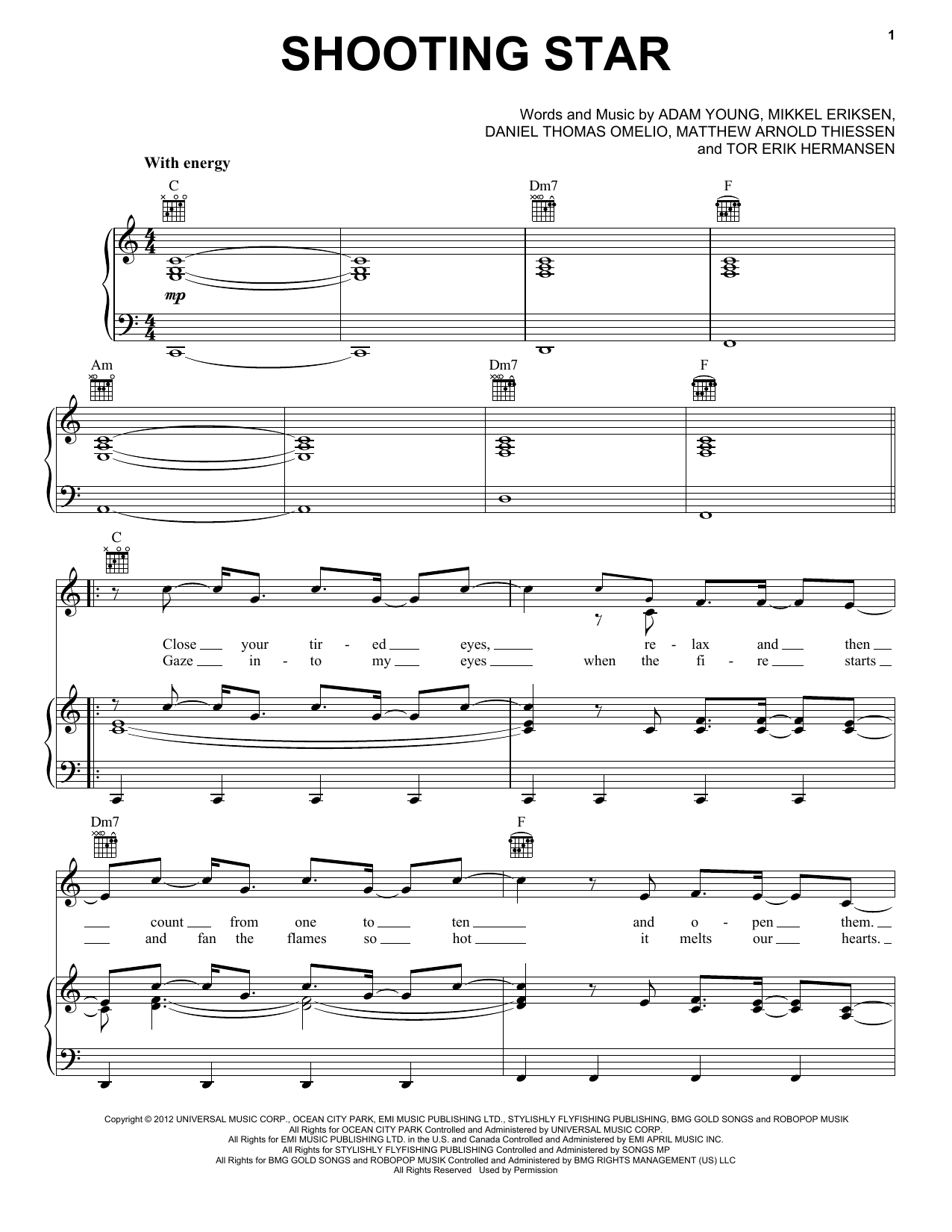 Owl City Shooting Star sheet music notes and chords. Download Printable PDF.