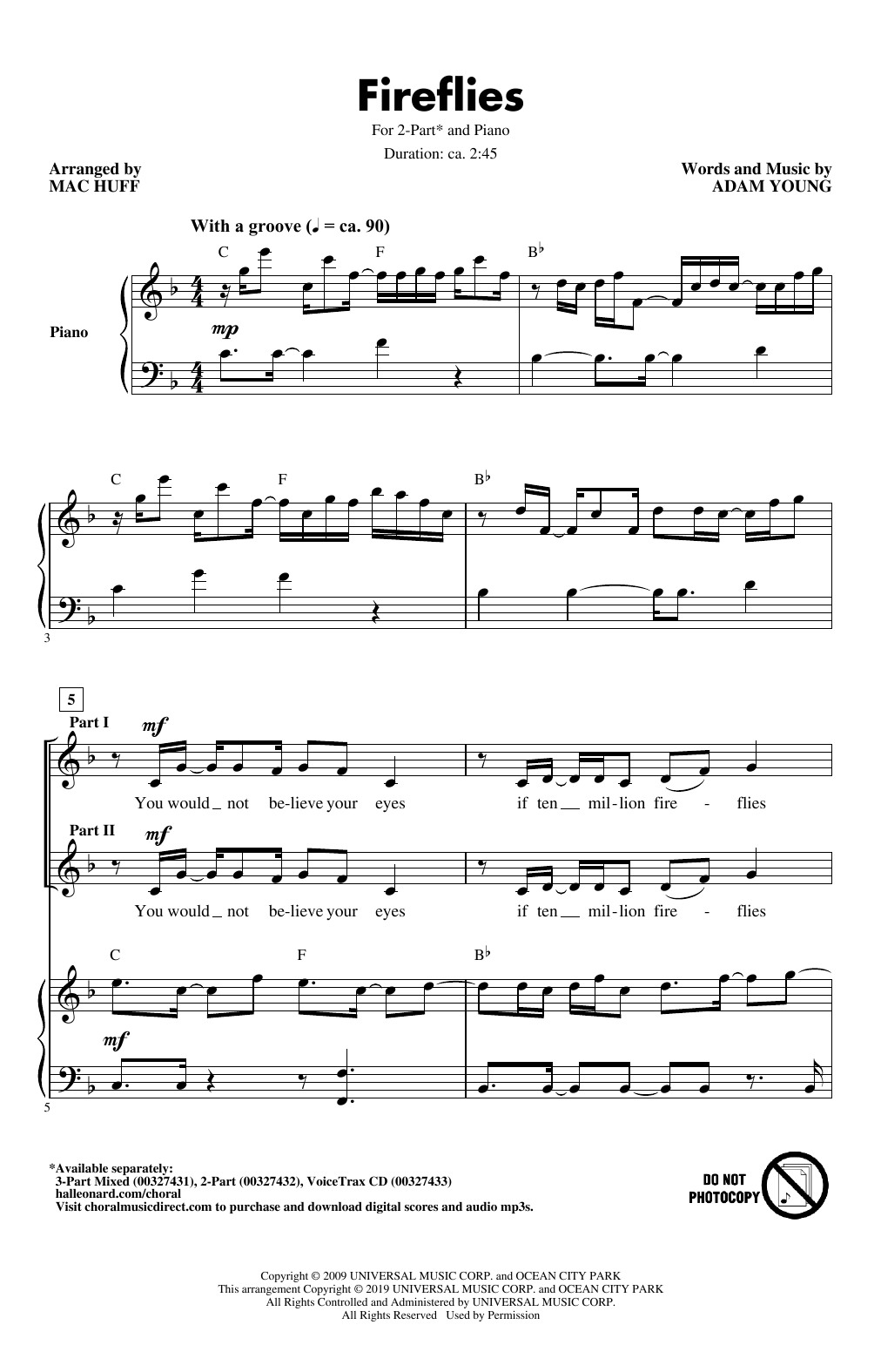 Owl City "Fireflies Mac Huff)" Music PDF Notes, Chords Score 2-Part Choir Download Printable. SKU: 431137