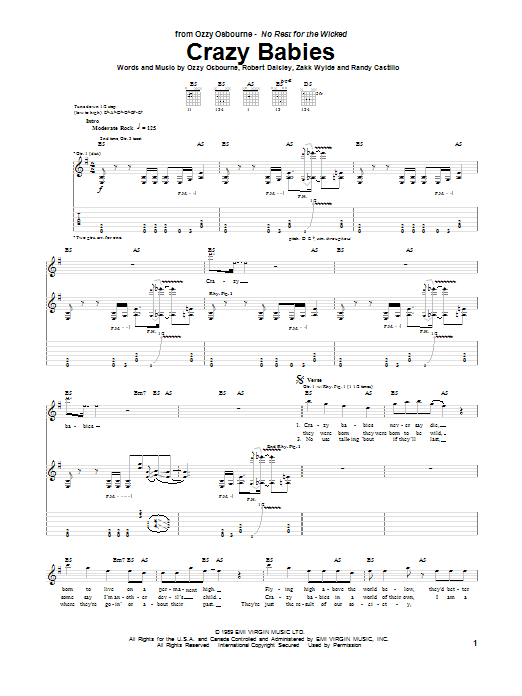 Ozzy Osbourne Crazy Babies sheet music notes and chords. Download Printable PDF.