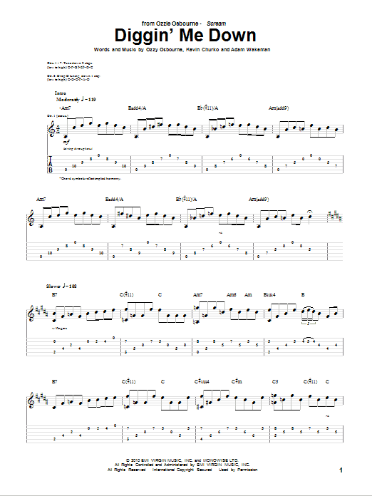 Ozzy Osbourne Diggin' Me Down sheet music notes and chords. Download Printable PDF.