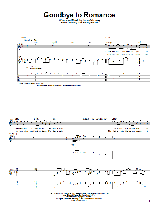 Ozzy Osbourne Goodbye To Romance sheet music notes and chords. Download Printable PDF.