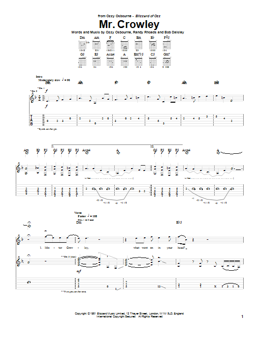 Ozzy Osbourne Mr. Crowley sheet music notes and chords. Download Printable PDF.