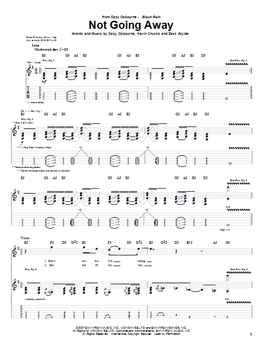 Ozzy Osbourne Not Going Away sheet music notes and chords. Download Printable PDF.