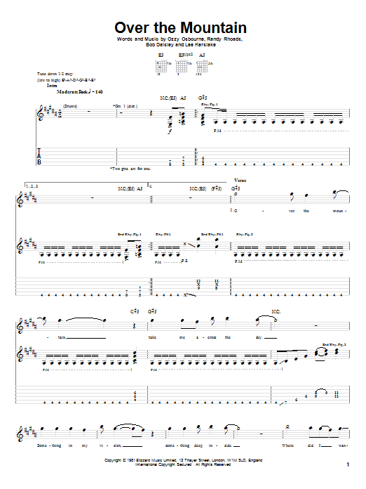 Ozzy Osbourne Over The Mountain sheet music notes and chords. Download Printable PDF.