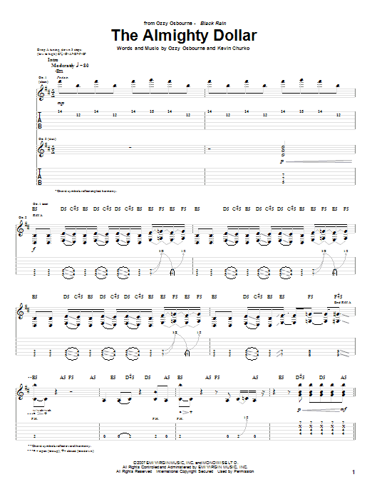 Ozzy Osbourne The Almighty Dollar sheet music notes and chords. Download Printable PDF.