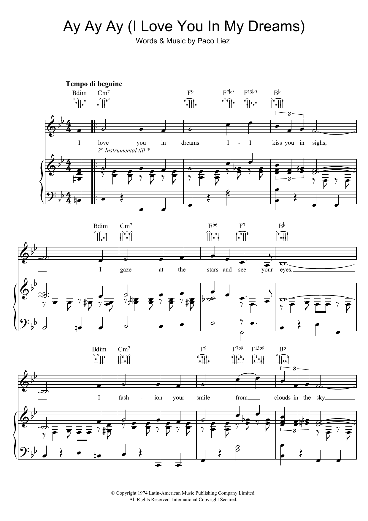 Learn to play Paco Liez Ay Ay Ay (I Love You In My Dreams) sheet music for Piano, Vocal & Guitar (Right-Hand Melody) in minutes. Paco Liez Ay Ay Ay (I Love You In My Dreams) sheet music notes and chords. Download Printable PDF.