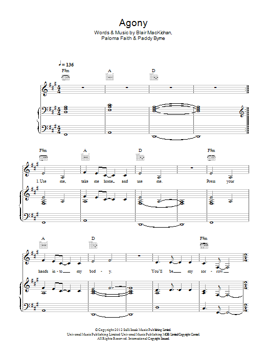 Paloma Faith Agony sheet music notes and chords. Download Printable PDF.