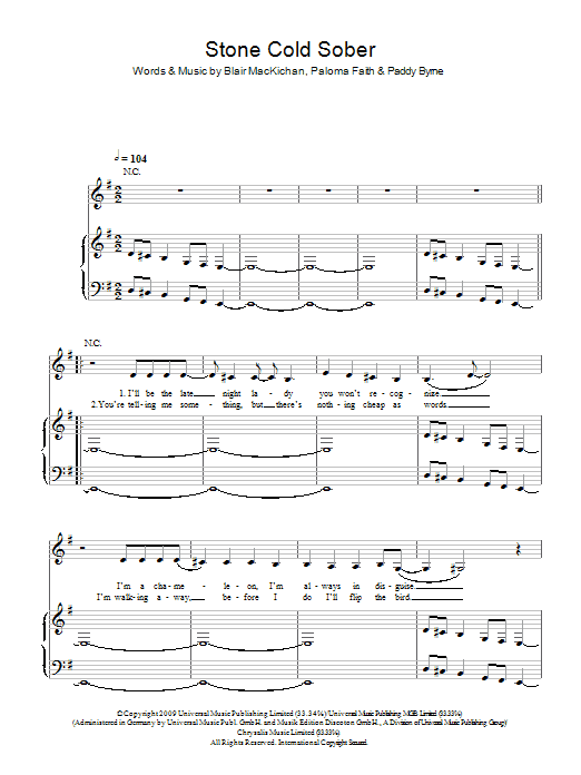 Paloma Faith Stone Cold Sober sheet music notes and chords. Download Printable PDF.