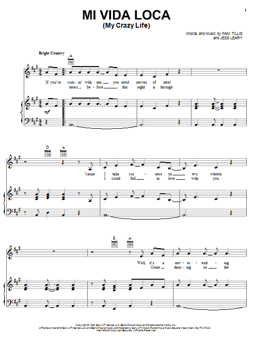 Mi Vida Loca My Crazy Life Sheet Music Score By Pam Tillis
