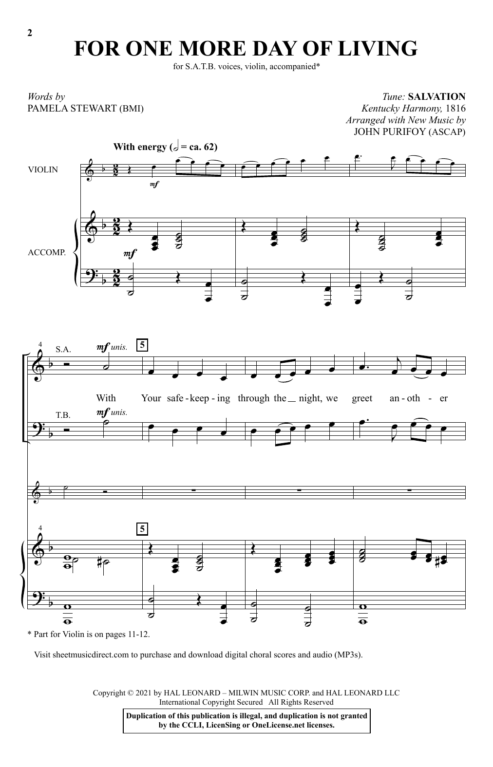 Learn to play Pamela Stewart For One More Day Of Living (arr. John Purifoy) sheet music for SATB Choir in minutes. Price: 3.9900$ Pamela Stewart For One More Day Of Living (arr. John Purifoy) sheet music notes and chords arranged for SATB Choir