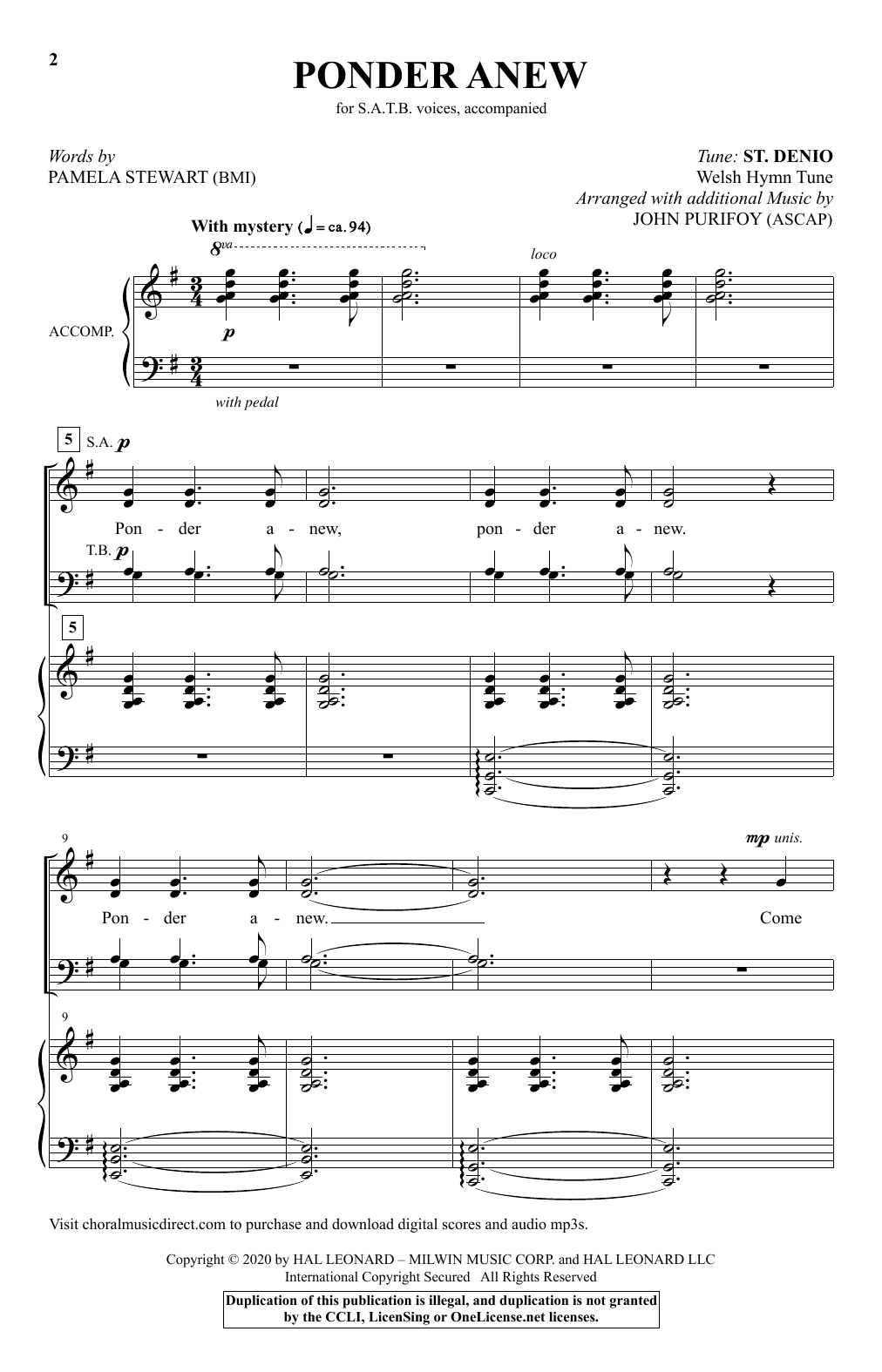 Learn to play Pamela Stewart Ponder Anew (arr. John Purifoy) sheet music for SATB Choir in minutes. Price: 3.9900$ Pamela Stewart Ponder Anew (arr. John Purifoy) sheet music notes and chords arranged for SATB Choir