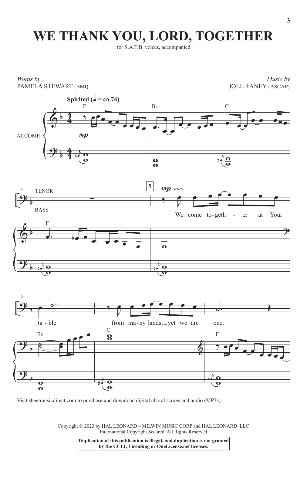 Learn to play Pamela Stewart & Joel Raney We Thank You, Lord, Together sheet music for SATB Choir in minutes. Price: 3.9900$ Pamela Stewart & Joel Raney We Thank You, Lord, Together sheet music notes and chords arranged for SATB Choir