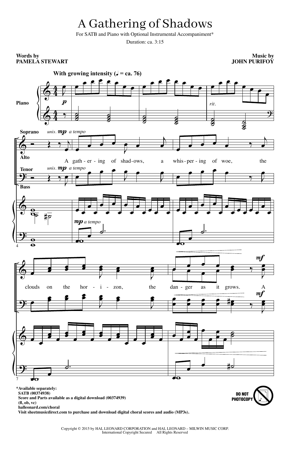 Learn to play Pamela Stewart & John Purifoy A Gathering Of Shadows sheet music for SATB Choir in minutes. Price: 3.9900$ Pamela Stewart & John Purifoy A Gathering Of Shadows sheet music notes and chords arranged for SATB Choir