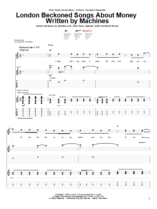 Learn to play Panic! At The Disco London Beckoned Songs About Money Written By Machines sheet music for Guitar Tab in minutes. Panic! At The Disco London Beckoned Songs About Money Written By Machines sheet music notes and chords