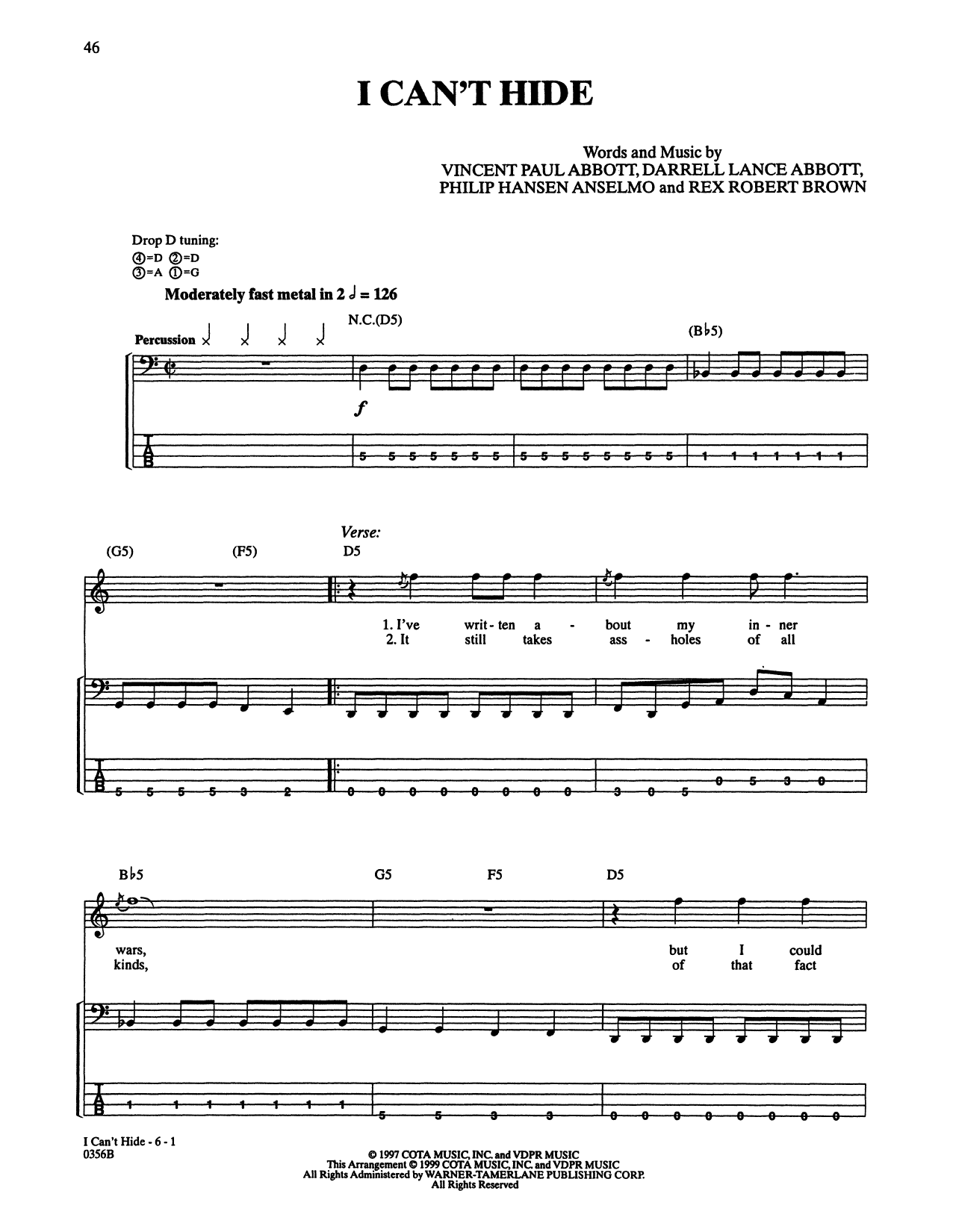 Pantera I Can't Hide sheet music notes and chords. Download Printable PDF.