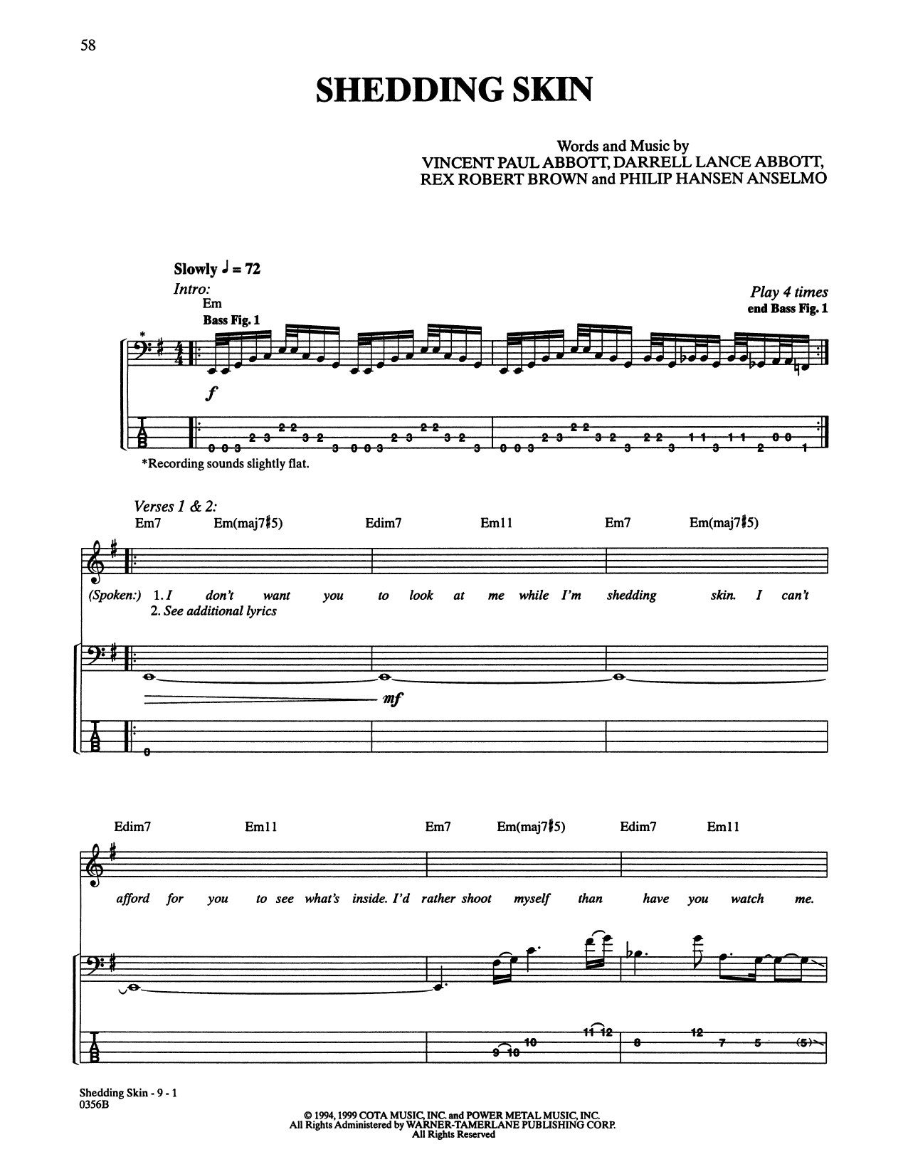 Pantera Shedding Skin sheet music notes and chords. Download Printable PDF.