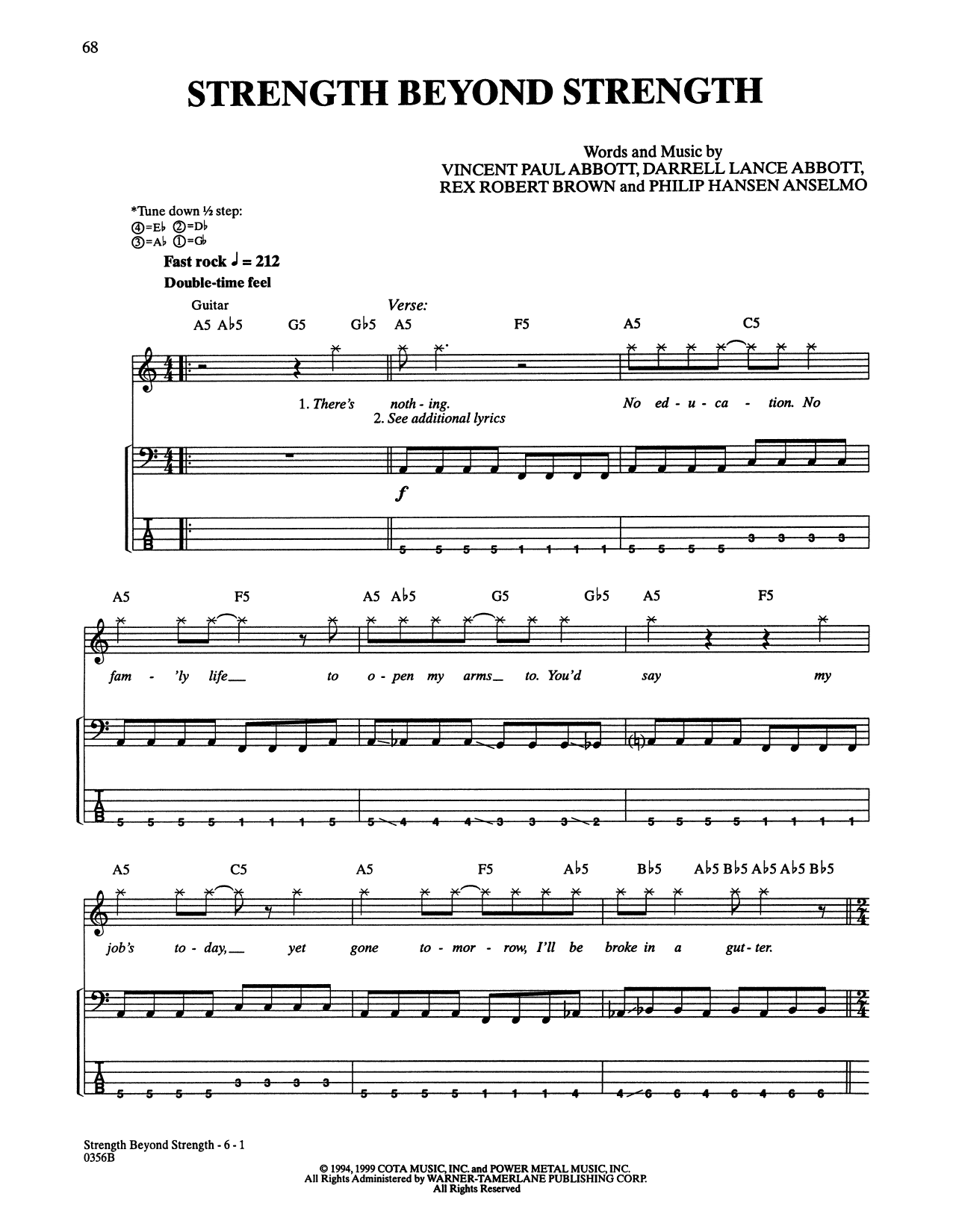 Pantera Strength Beyond Strength sheet music notes and chords. Download Printable PDF.