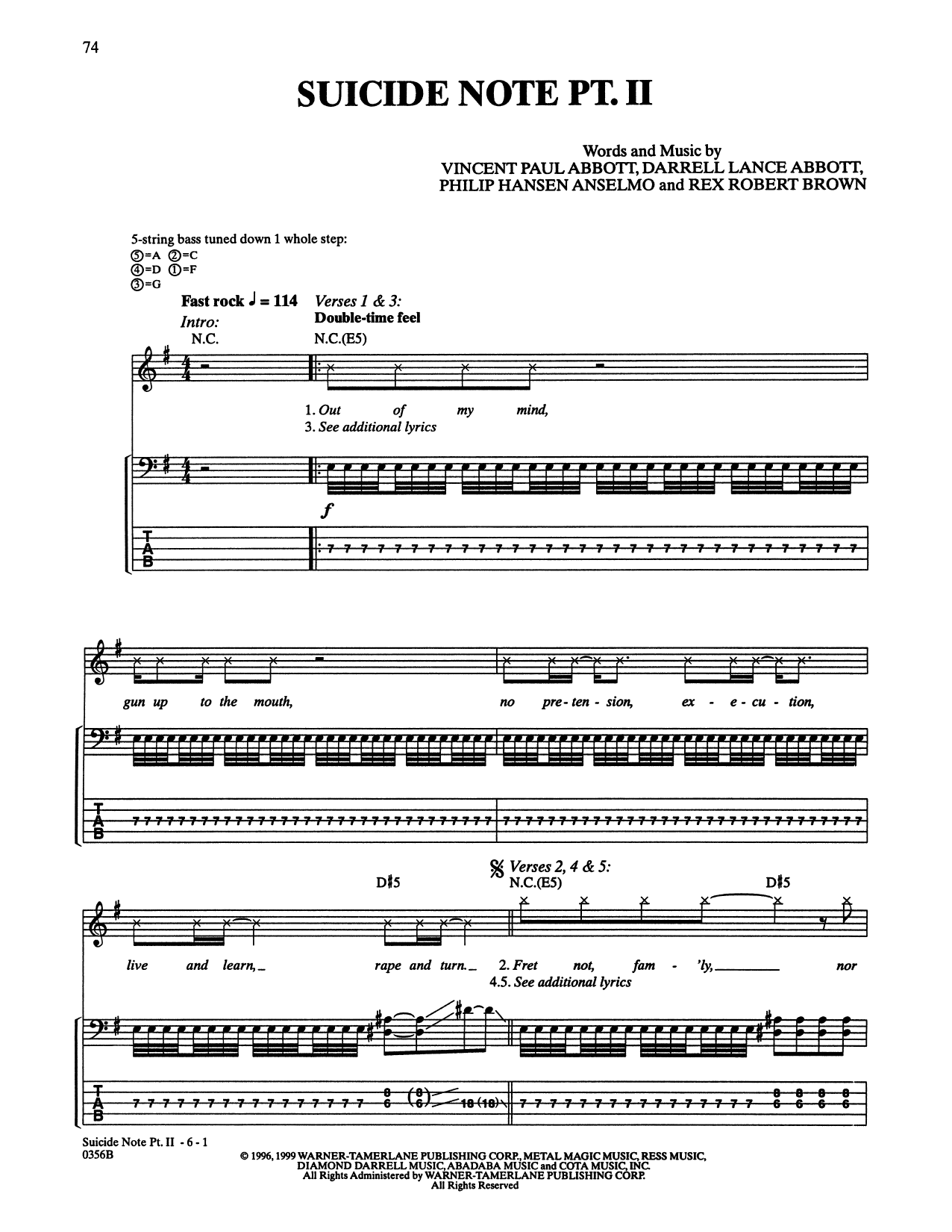 Learn to play Pantera Suicide Note Pt. II sheet music for Bass Guitar Tab in minutes. Price: 7.8900$ Pantera Suicide Note Pt. II sheet music notes and chords arranged for Bass Guitar Tab