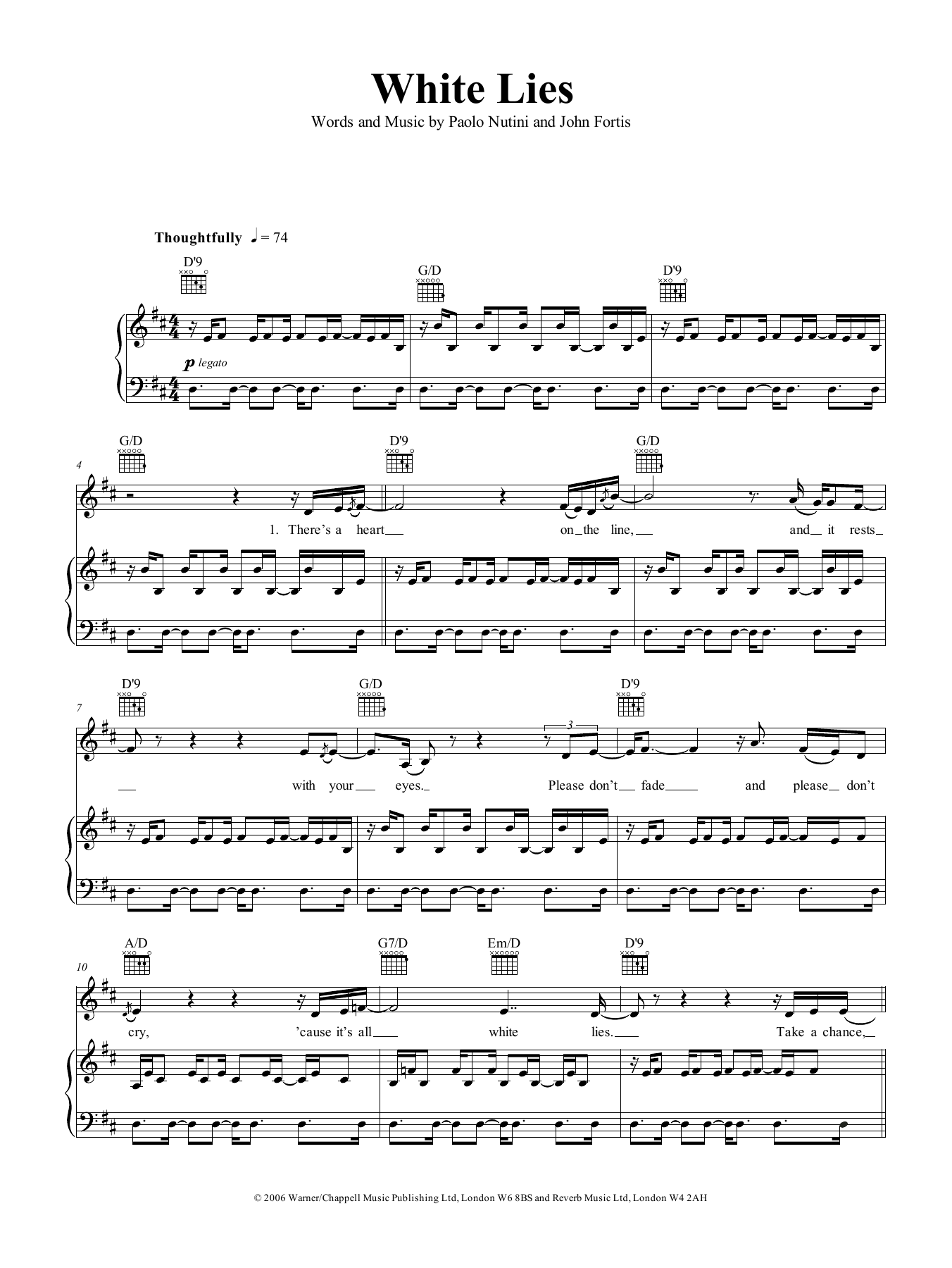 Learn to play Paolo Nutini White Lies sheet music for Piano, Vocal & Guitar Chords (Right-Hand Melody) in minutes. Price: 6.9900$ Paolo Nutini White Lies sheet music notes and chords arranged for Piano, Vocal & Guitar Chords (Right-Hand Melody)