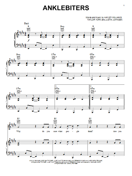 Paramore Anklebiters sheet music notes and chords. Download Printable PDF.