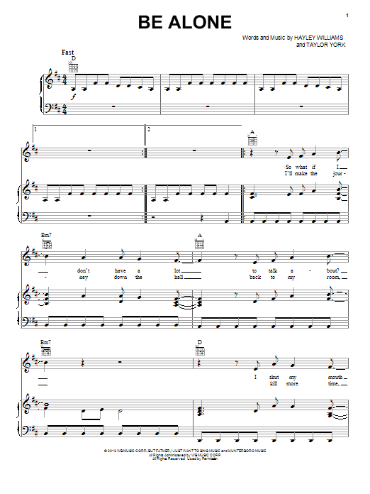 Paramore Be Alone sheet music notes and chords. Download Printable PDF.