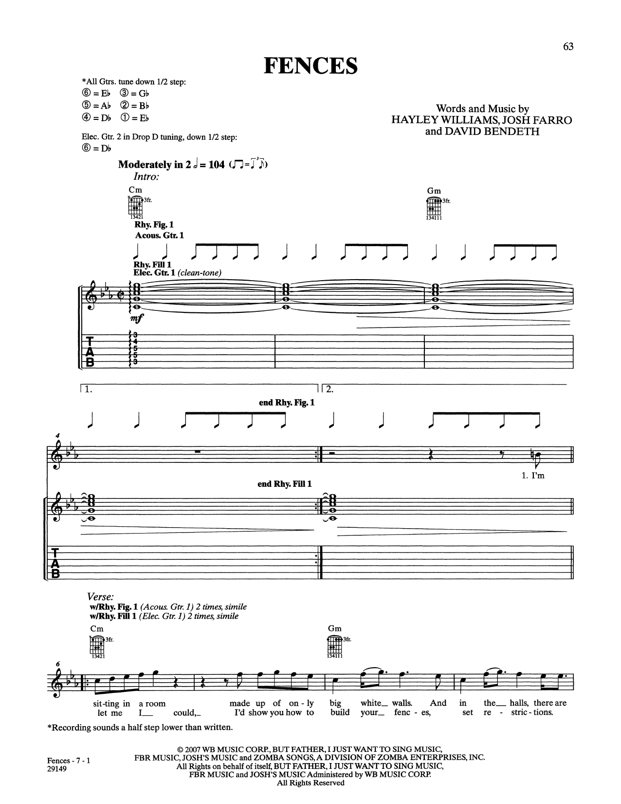 Paramore Fences sheet music notes and chords. Download Printable PDF.