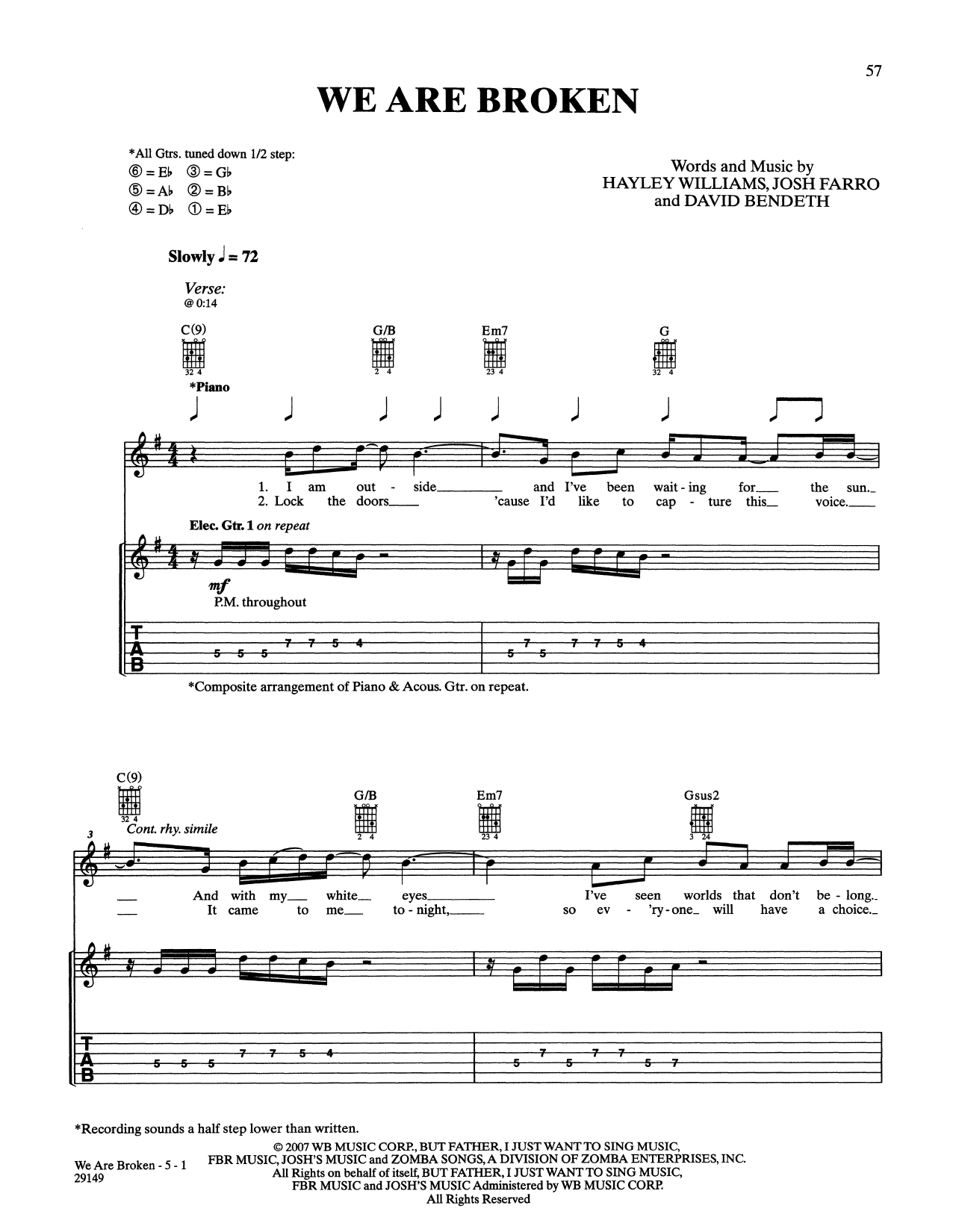 Paramore We Are Broken sheet music notes and chords. Download Printable PDF.