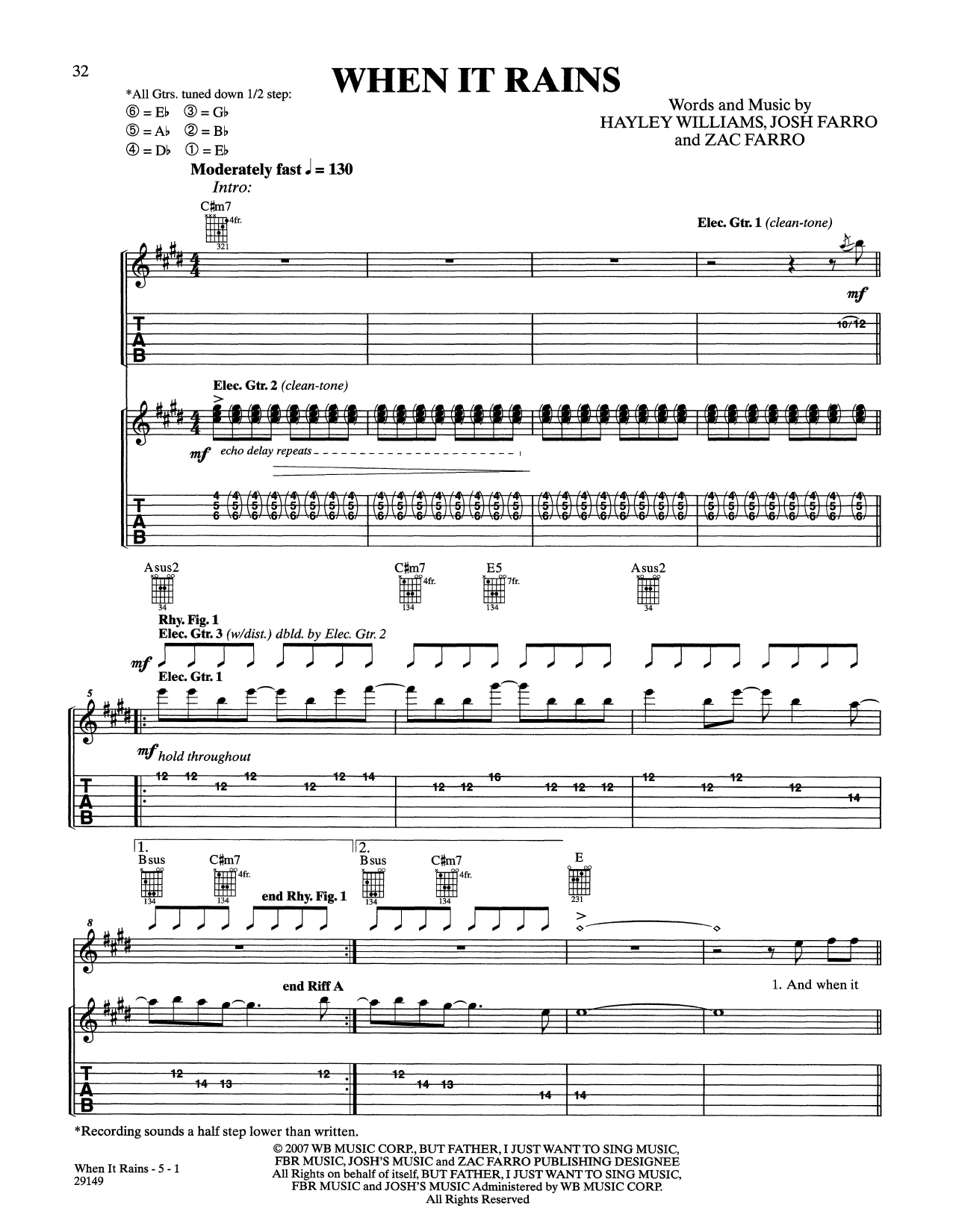 Paramore When It Rains sheet music notes and chords. Download Printable PDF.