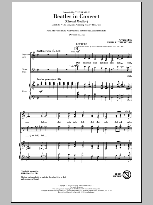 Learn to play Paris Rutherford Beatles In Concert (Medley) sheet music for SATB Choir in minutes. Price: 3.9900$ Paris Rutherford Beatles In Concert (Medley) sheet music notes and chords arranged for SATB Choir