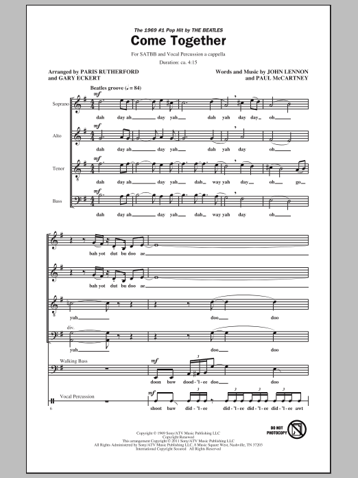 The Beatles Come Together (arr. Paris Rutherford) sheet music notes and chords. Download Printable PDF.