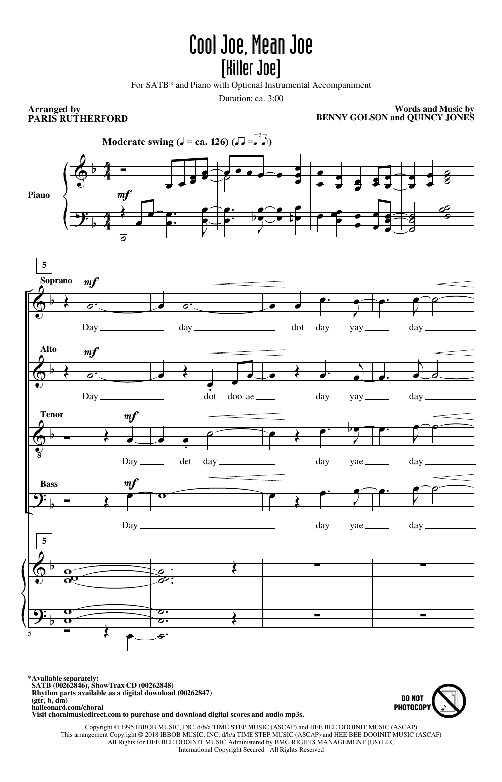 Paris Rutherford Cool Joe, Mean Joe (Killer Joe) sheet music notes and chords arranged for SATB Choir