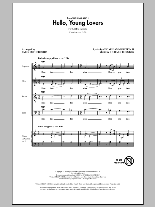 Learn to play Rodgers & Hammerstein Hello, Young Lovers (arr. Paris Rutherford) sheet music for SATB Choir in minutes. Price: 3.9900$ Rodgers & Hammerstein Hello, Young Lovers (arr. Paris Rutherford) sheet music notes and chords arranged for SATB Choir