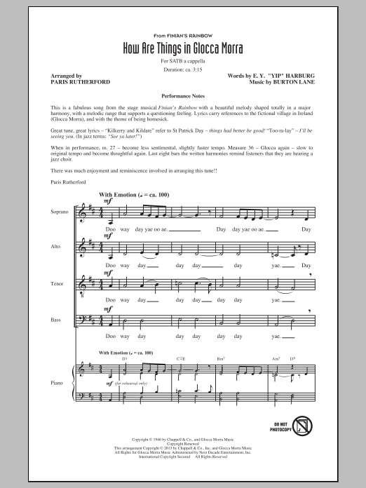 Learn to play Burton Lane How Are Things In Glocca Morra (arr. Paris Rutherford) sheet music for SATB Choir in minutes. Price: 3.9900$ Burton Lane How Are Things In Glocca Morra (arr. Paris Rutherford) sheet music notes and chords arranged for SATB Choir