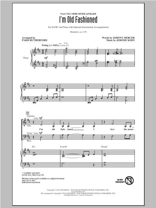 Learn to play Jerome Kern I'm Old Fashioned (arr. Paris Rutherford) sheet music for SSA Choir in minutes. Price: 3.9900$ Jerome Kern I'm Old Fashioned (arr. Paris Rutherford) sheet music notes and chords arranged for SSA Choir