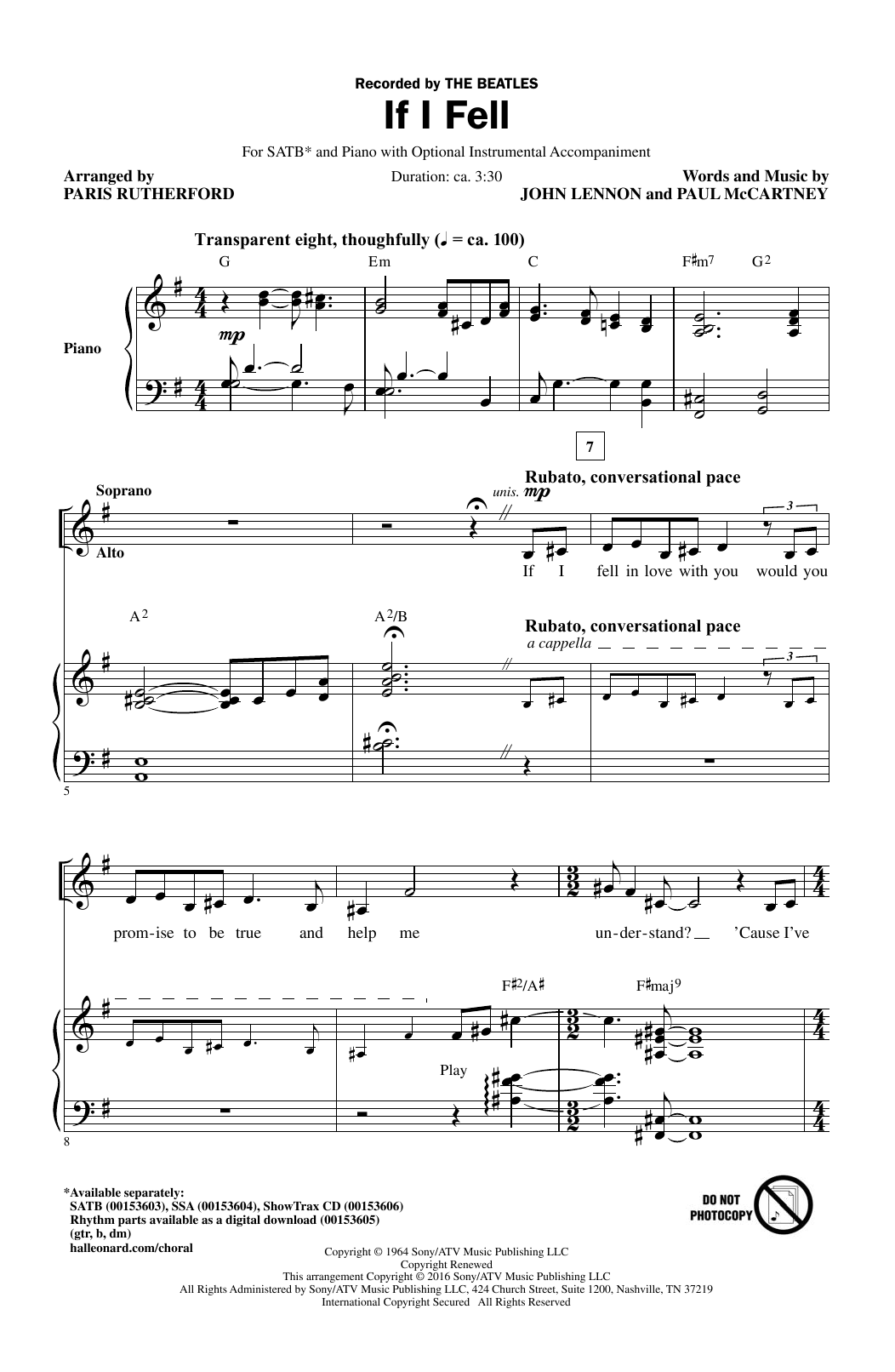 Learn to play Paris Rutherford If I Fell sheet music for SSA Choir in minutes. Price: 3.9900$ Paris Rutherford If I Fell sheet music notes and chords arranged for SSA Choir