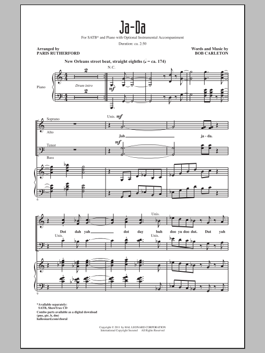 Bob Carleton Ja-Da (arr. Paris Rutherford) sheet music notes and chords. Download Printable PDF.