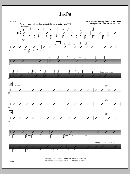 Learn to play Paris Rutherford Ja-Da - Drums sheet music for Choir Instrumental Pak in minutes. Price: 8.9900$ Paris Rutherford Ja-Da - Drums sheet music notes and chords arranged for Choir Instrumental Pak