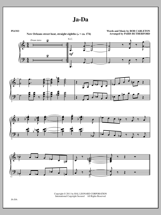 Learn to play Paris Rutherford Ja-Da - Piano sheet music for Choir Instrumental Pak in minutes. Price: 8.9900$ Paris Rutherford Ja-Da - Piano sheet music notes and chords arranged for Choir Instrumental Pak