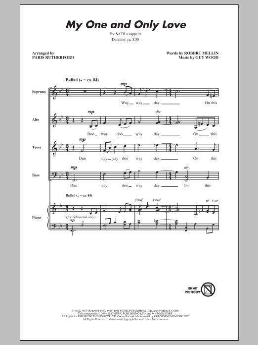 Paris Rutherford My One And Only Love Sheet Music Pdf Notes Chords Pop Score Satb Choir Download Printable Sku 157127