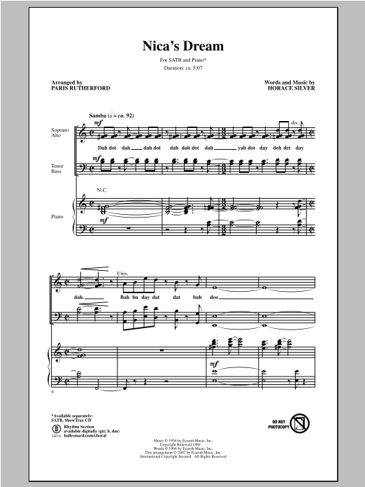 Learn to play Paris Rutherford Nica's Dream sheet music for SATB Choir in minutes. Price: 3.9900$ Paris Rutherford Nica's Dream sheet music notes and chords arranged for SATB Choir