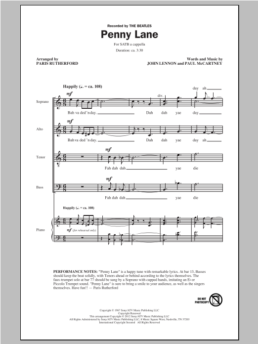 The Beatles Penny Lane (arr. Paris Rutherford) sheet music notes and chords. Download Printable PDF.