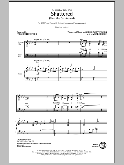 Learn to play Paris Rutherford Shattered (Turn The Car Around) sheet music for SSA Choir in minutes. Price: 3.9900$ Paris Rutherford Shattered (Turn The Car Around) sheet music notes and chords arranged for SSA Choir