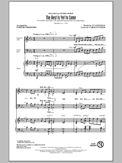 Learn to play Paris Rutherford The Best Is Yet To Come sheet music for SSA Choir in minutes. Price: 3.9900$ Paris Rutherford The Best Is Yet To Come sheet music notes and chords arranged for SSA Choir