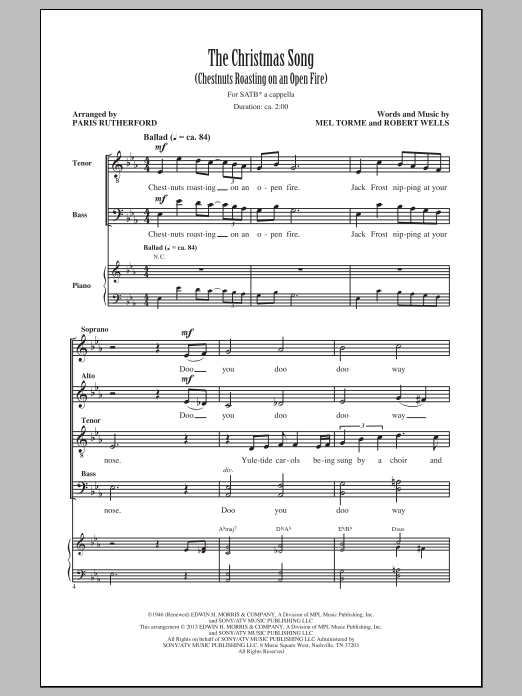 Learn to play Mel Torme The Christmas Song (Chestnuts Roasting On An Open Fire) (arr. Paris Rutherford) sheet music for SATB Choir in minutes. Price: 3.9900$ Mel Torme The Christmas Song (Chestnuts Roasting On An Open Fire) (arr. Paris Rutherford) sheet music notes and chords arranged for SATB Choir