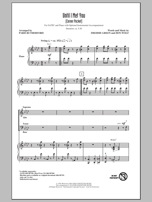 Learn to play The Manhattan Transfer Until I Met You (Corner Pocket) (arr. Paris Rutherford) sheet music for SATB Choir in minutes. Price: 3.9900$ The Manhattan Transfer Until I Met You (Corner Pocket) (arr. Paris Rutherford) sheet music notes and chords arranged for SATB Choir