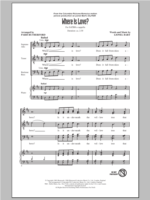 Learn to play Lionel Bart Where Is Love? (arr. Paris Rutherford) sheet music for SATB Choir in minutes. Price: 3.9900$ Lionel Bart Where Is Love? (arr. Paris Rutherford) sheet music notes and chords arranged for SATB Choir